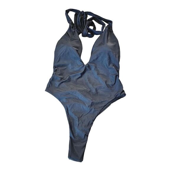 Lilosy Womens Black Halter Deep V-Neck Wrap Tie Waist One-Piece Swimsuit Size L - Picture 10 of 14